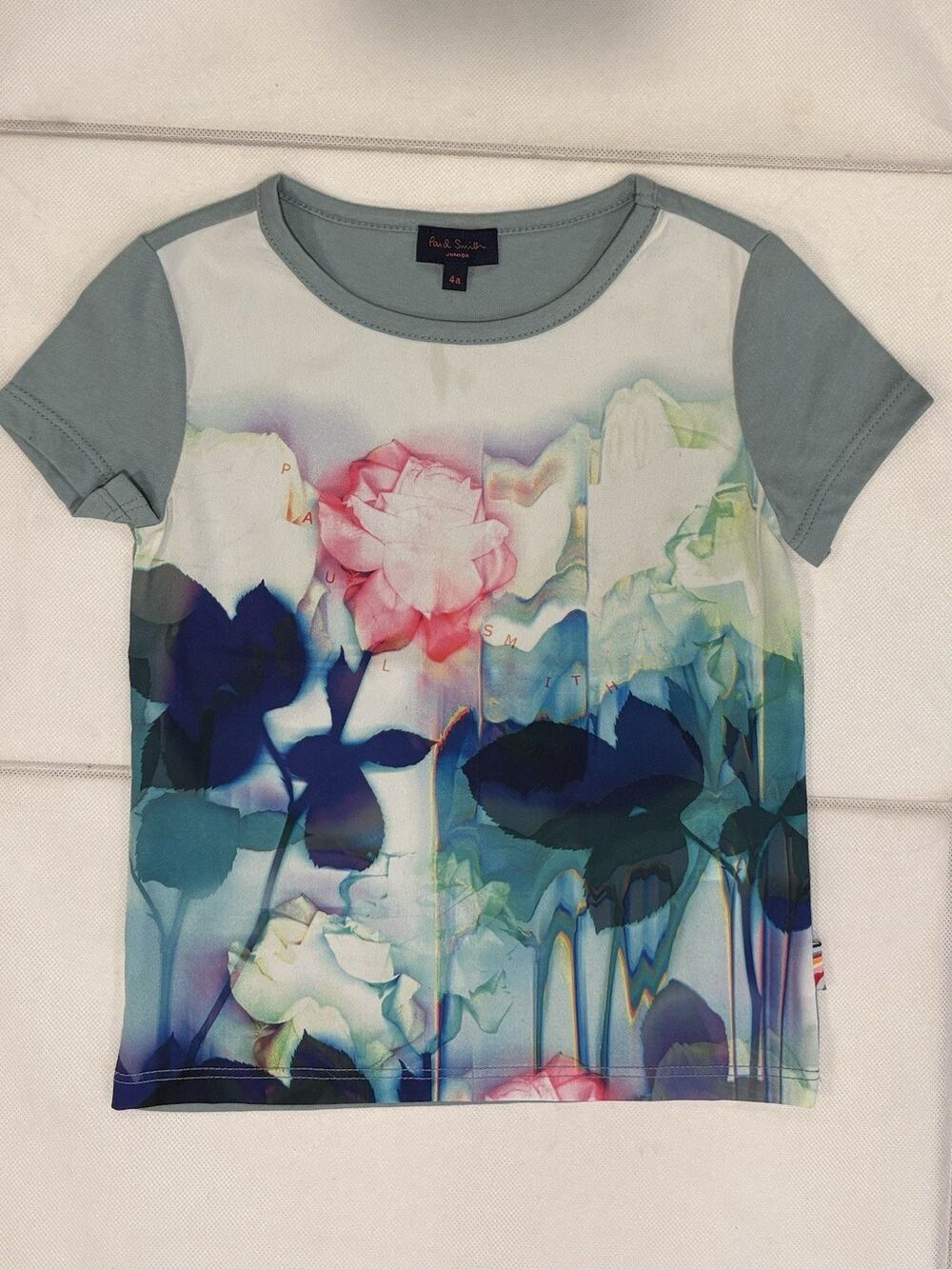 Paul Smith Junior Girls 4a T-Shirt Roses Abstract Front Solid Back AOP graphic